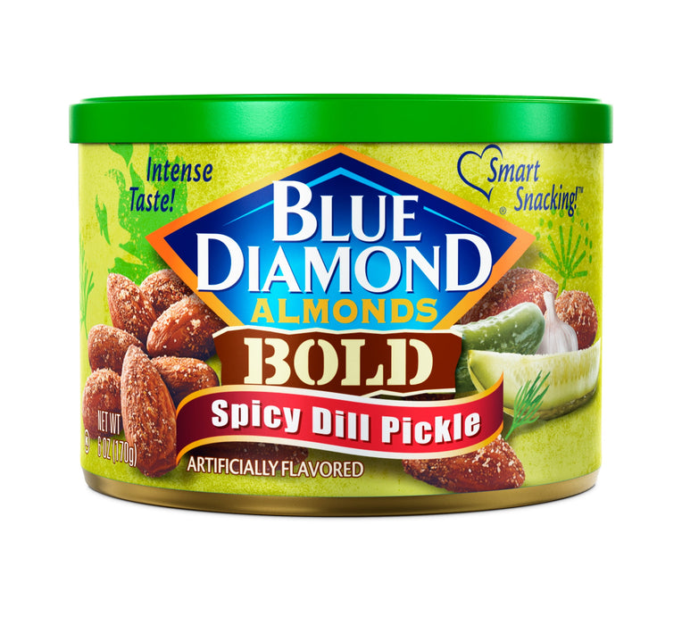 Blue Diamond Almonds, Bold Spicy Dill Pickle Flavored Snack Nuts perfect for Snacking and On-the-go, 6 oz can