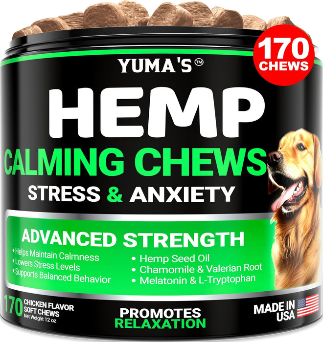 YUMA'S Hemp Calming Chews for Dogs  Advanced Dog Calming Treats   Dog Calming Chews   170 Chews   Anxiety Relief Treats   Separation Aid Barking Stress Relief Thunderstorms   Melatonin   Hemp Oil