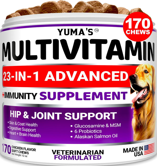 Dog- Multivitamin Chewable with Glucosamine   Dog Vitamins and Supplements   170 Treats   Senior & Puppy Multivitamin for Dogs   Hip & Joint Support   Immune Health Skin Heart Digestion Probiotics