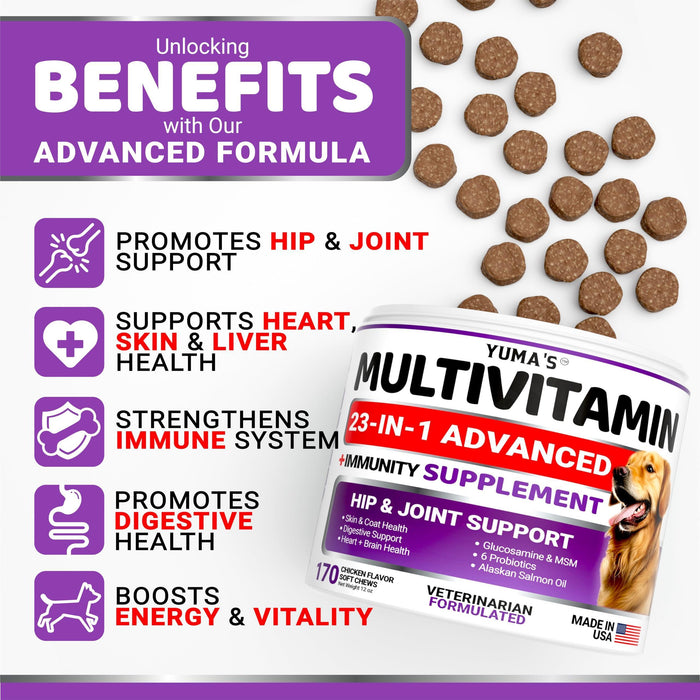 Dog- Multivitamin Chewable with Glucosamine   Dog Vitamins and Supplements   170 Treats   Senior & Puppy Multivitamin for Dogs   Hip & Joint Support   Immune Health Skin Heart Digestion Probiotics