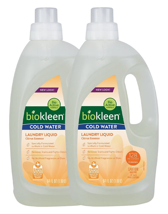 Biokleen Ultra Concentrated Cold Water Laundry Liquid, 64 fl oz, Citrus Scent (2 Pack) 256 Loads