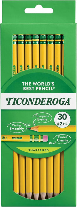 Ticonderoga Wood-Cased Pencils, Pre-Sharpened, 2 HB Soft, Yellow, 30 Ct