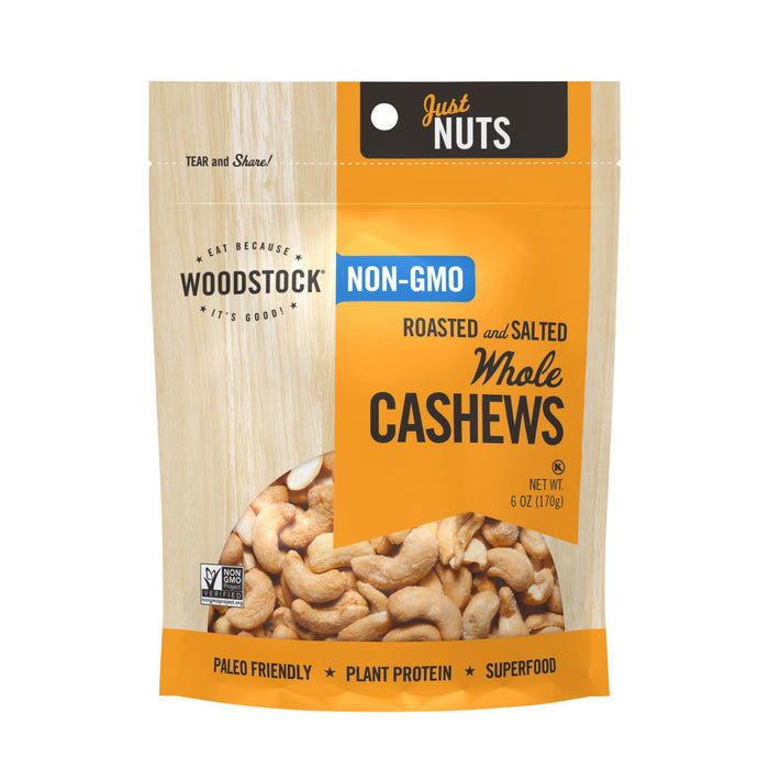 Woodstock Non-gmo Whole Cashews, Roasted And Salted - Case Of 8 - 6 Oz.