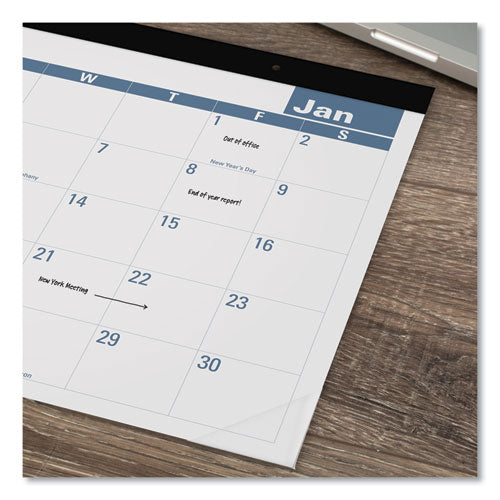 Easy-to-read Monthly Desk Pad, 22 X 17,White/blue Sheets, Black Binding, Clear Corners, 12-month (jan To Dec): 2025