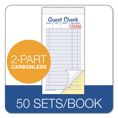 Guest Check Pad, Two-part Carbonless, 6.38 X 3.38, 50 Forms Total.