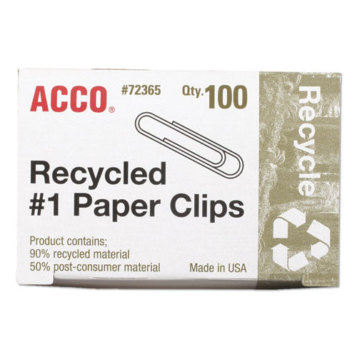 Recycled Paper Clips, #1, Smooth, Silver, 100 Clips/box, 10 Boxes/pack.