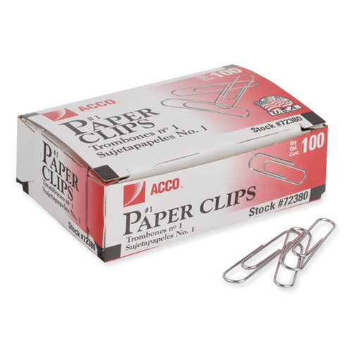 Paper Clips, #1, Smooth, Silver, 100 Clips/box, 10 Boxes/pack.