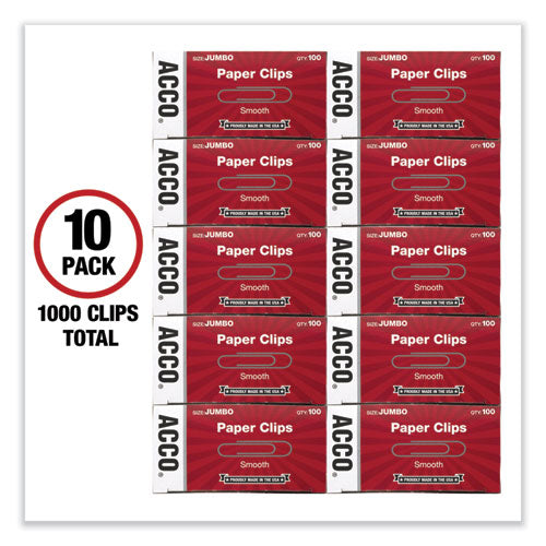 Paper Clips, Jumbo, Smooth, Silver, 100 Clips/box, 10 Boxes/pack.