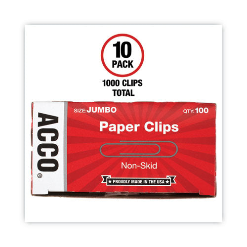 Paper Clips, Jumbo, Nonskid, Silver, 100 Clips/box, 10 Boxes/pack.