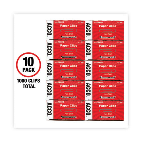 Paper Clips, Jumbo, Nonskid, Silver, 100 Clips/box, 10 Boxes/pack.