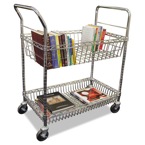 Carry-all Mail Cart, Metal, 1 Shelf, 1 Bin, 34.88" X 18" X 39.5", Silver.