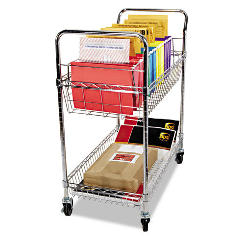 Carry-all Mail Cart, Metal, 1 Shelf, 1 Bin, 34.88" X 18" X 39.5", Silver.