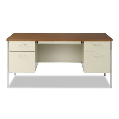 Double Pedestal Steel Desk, 60" X 30" X 29.5", Cherry/putty, Chrome-plated Legs.