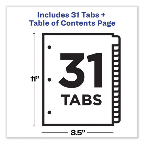 Customizable Table Of Contents Ready Index Dividers With Multicolor Tabs,31-tab, 1 To 31, 11 X 8.5, White, 1 Set