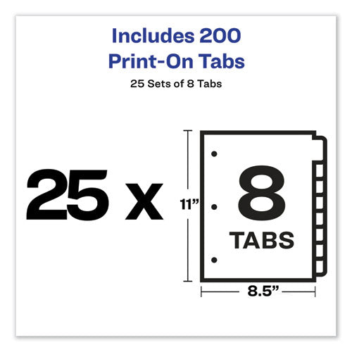 Customizable Print-on Dividers, 3-hole Punched, 8-tab, 11 X 8.5, White, 25 Sets.