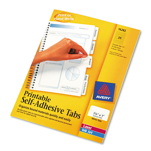 Printable Plastic Tabs With Repositionable Adhesive, 1/5-cut, White, 1.75" Wide, 80/pack.