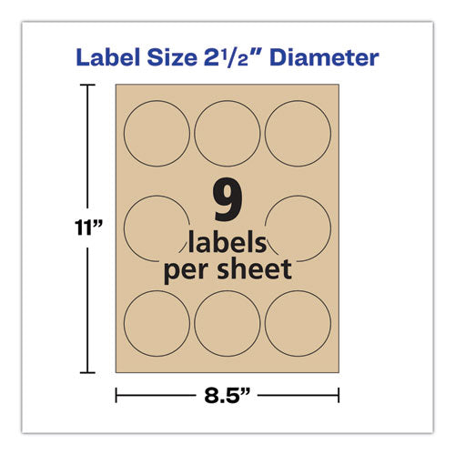 Round Brown Kraft Print-to-the-edge Labels, 2.5" Dia, 225/pk.