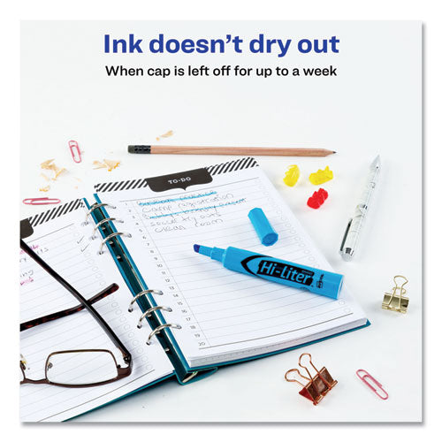 Hi-liter Desk-style Highlighters, Fluorescent Blue Ink, Chisel Tip, Blue/black Barrel, Dozen.