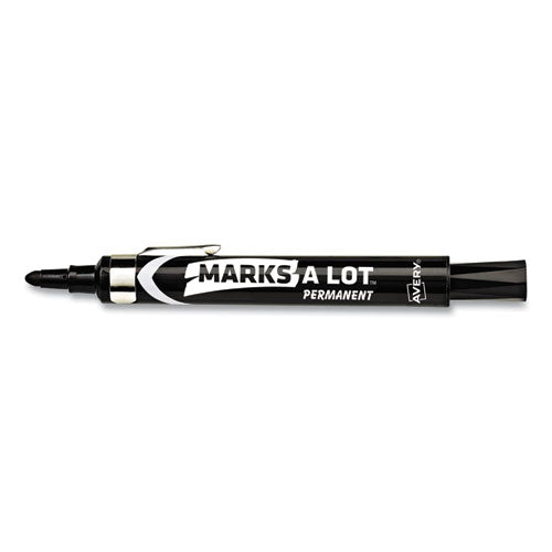 Marks A Lot Large Desk-style Permanent Marker With Metal Pocket Clip, Broad Bullet Tip, Black, Dozen (24878).