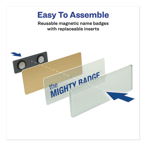 The Mighty Badge Name Badge Holder Kit, Horizontal, 3 X 1, Laser, Gold, 50 Holders/120 Inserts.