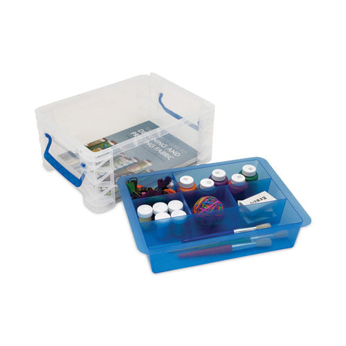 Super Stacker Divided Storage Box, 6 Sections, 10.38" X 14.25" X 6.5", Clear/blue.