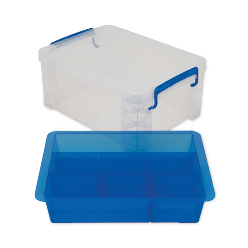 Super Stacker Divided Storage Box, 6 Sections, 10.38" X 14.25" X 6.5", Clear/blue.