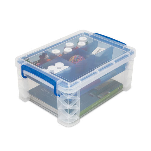 Super Stacker Divided Storage Box, 6 Sections, 10.38" X 14.25" X 6.5", Clear/blue.