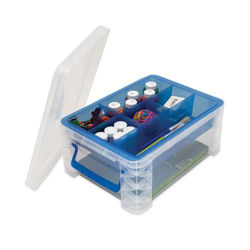 Super Stacker Divided Storage Box, 6 Sections, 10.38" X 14.25" X 6.5", Clear/blue.