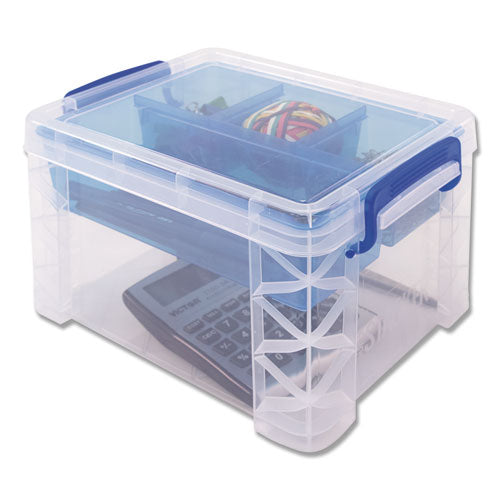 Super Stacker Divided Storage Box, 5 Sections, 7.5" X 10.13" X 6.5", Clear/blue.