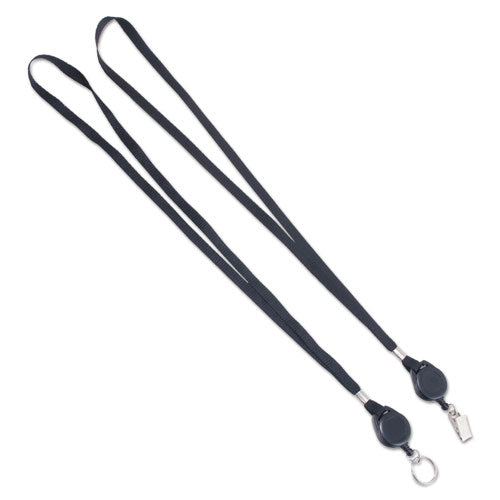 Lanyards With Retractable Id Reels, Metal Split Ring Fastener, 34" Long, Black, 12/pack.