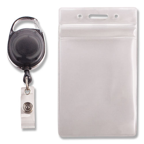 Resealable Badge Holder Combo Pack With Badge Reel, 30" Cord, Vertical, Frost 2.68" X 5" Holder, 2.38" X 3.75" Insert, 10/pk.