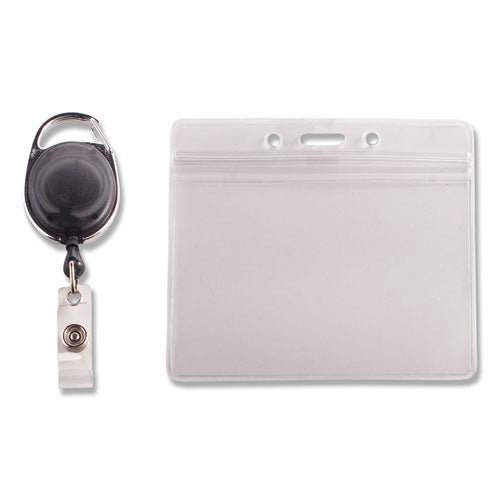 Resealable Badge Holder Combo With Badge Reel, 30" Cord, Horizontal, Frost 4.13" X 3.75" Holder, 3.75" X 2.63" Insert, 10/pk.