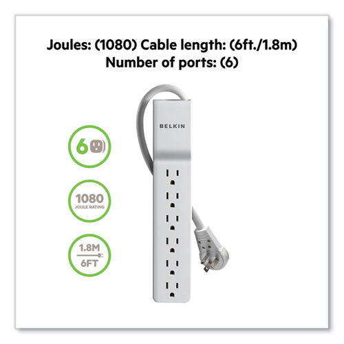 Home/office Surge Protector With Rotating Plug, 6 Ac Outlets, 6 Ft Cord, 720 J, White.