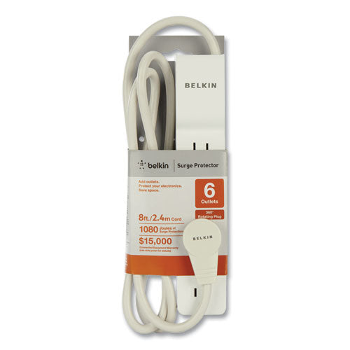 Home/office Surge Protector With Rotating Plug, 6 Ac Outlets, 8 Ft Cord, 720 J, White.