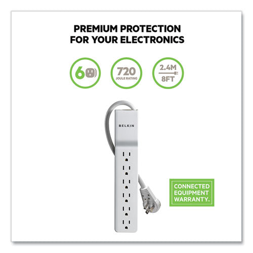 Home/office Surge Protector With Rotating Plug, 6 Ac Outlets, 8 Ft Cord, 720 J, White.