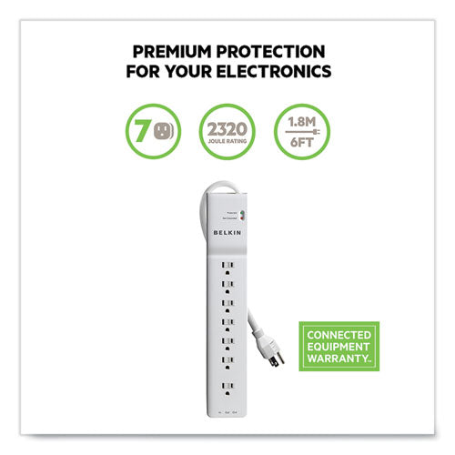 Home/office Surge Protector, 7 Ac Outlets, 6 Ft Cord, 2,320 J, White.