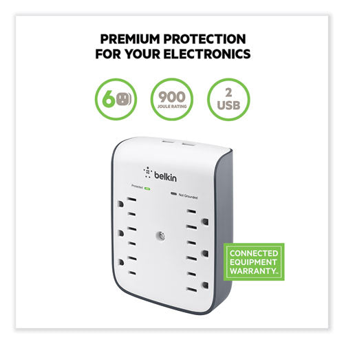 Surgeplus Usb Wall Mount Charger, 6 Ac Outlets/2 Usb Ports, 900 J, White/black.