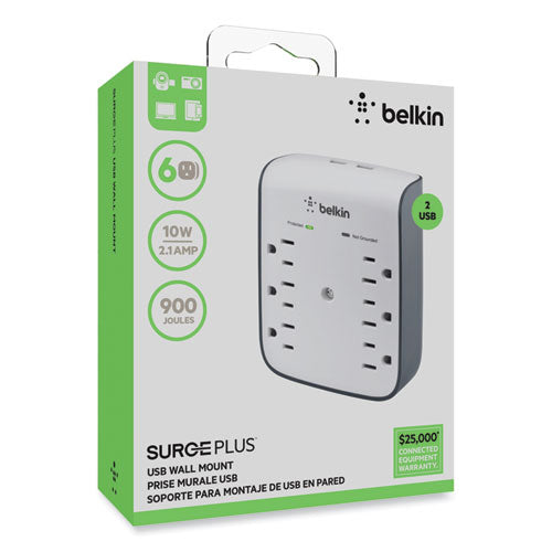 Surgeplus Usb Wall Mount Charger, 6 Ac Outlets/2 Usb Ports, 900 J, White/black.