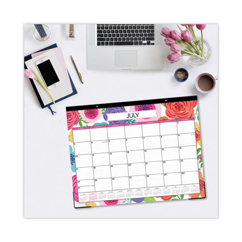 Mahalo Academic Desk Pad, Floral Artwork, 22 X 17, Black Binding, Clear Corners,12-month (july To June): 2024 To 2025