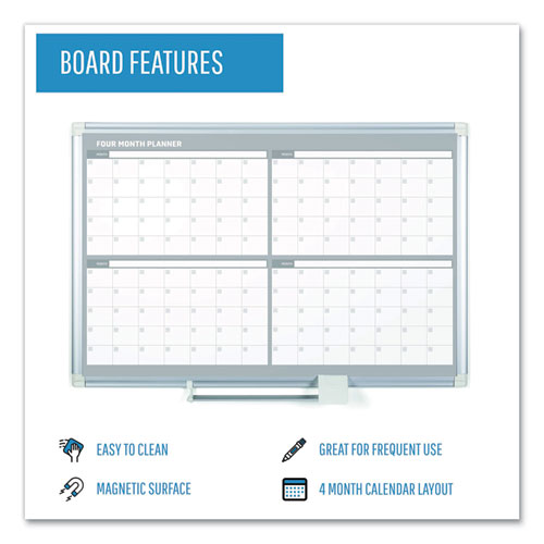 Magnetic Dry Erase Calendar Board, Four Month, 48 X 36, White Surface, Silver Aluminum Frame.