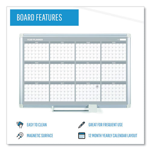 Magnetic Dry Erase Calendar Board, 12-month, 48 X 36, White Surface, Silver Aluminum Frame.