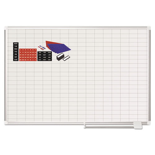 Gridded Magnetic Steel Dry Erase Planning Board With Accessories, 1 X 2 Grid, 48 X 36, White Surface, Silver Aluminum Frame.