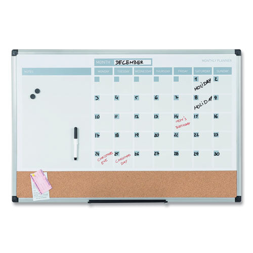 3-in-1 Calendar Planner, 36 X 24, White Surface, Silver Aluminum Frame.