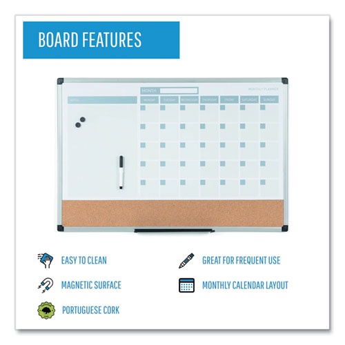 3-in-1 Planner Board, 24 X 18, Tan/white/blue Surface, Silver Aluminum Frame.