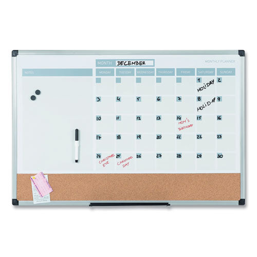 3-in-1 Planner Board, 24 X 18, Tan/white/blue Surface, Silver Aluminum Frame.