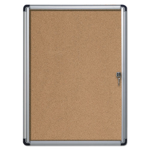 Slim-line Enclosed Cork Bulletin Board, One Door, 28 X 38, Tan Surface, Aluminum Frame.