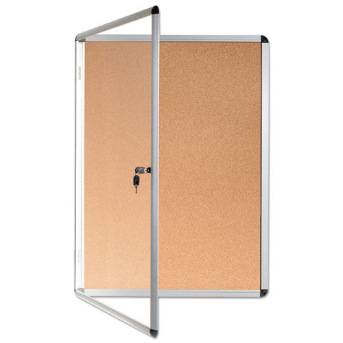 Slim-line Enclosed Cork Bulletin Board, One Door, 28 X 38, Tan Surface, Aluminum Frame.