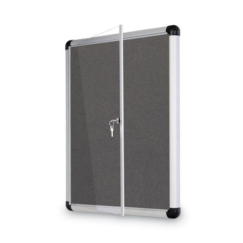 Slim-line Enclosed Fabric Bulletin Board, One Door, 28 X 38, Gray Surface, Aluminum Frame.