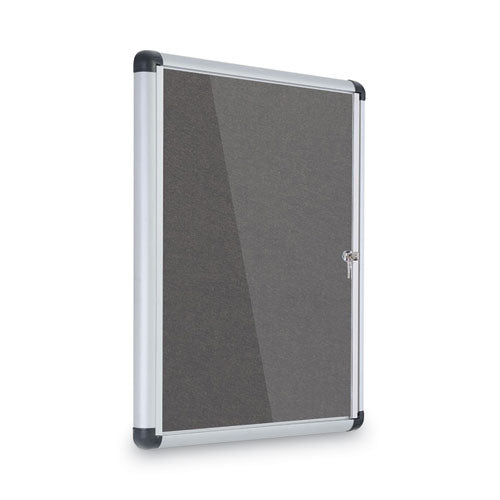 Slim-line Enclosed Fabric Bulletin Board, One Door, 28 X 38, Gray Surface, Aluminum Frame.