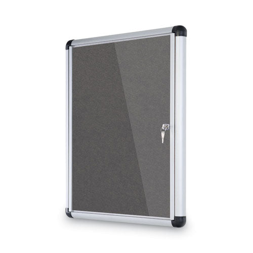 Slim-line Enclosed Fabric Bulletin Board, One Door, 28 X 38, Gray Surface, Aluminum Frame.